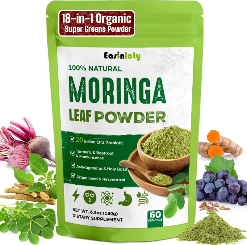 Easinloty 18 in 1 Moringa Powder with Supergreens, 10:1 extract ratio with probiotics and adaptogens