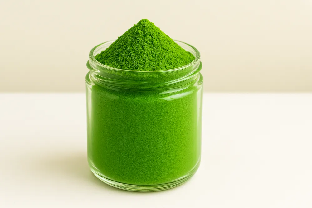 High-quality vibrant green Moringa powder displayed in a glass jar on a clean white surface