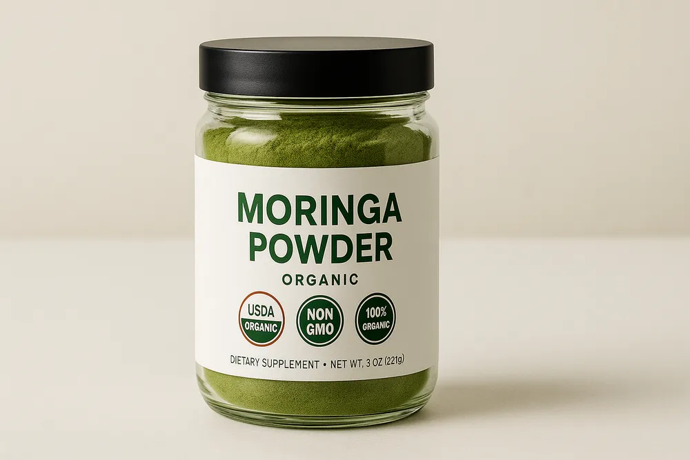 Moringa powder jar with USDA Organic and other certification labels clearly visible on the label