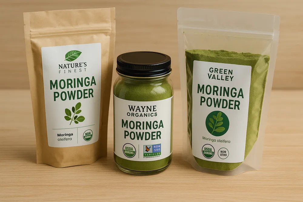 Multiple different high-quality Moringa powder products arranged on a clean wooden surface, showing various product options