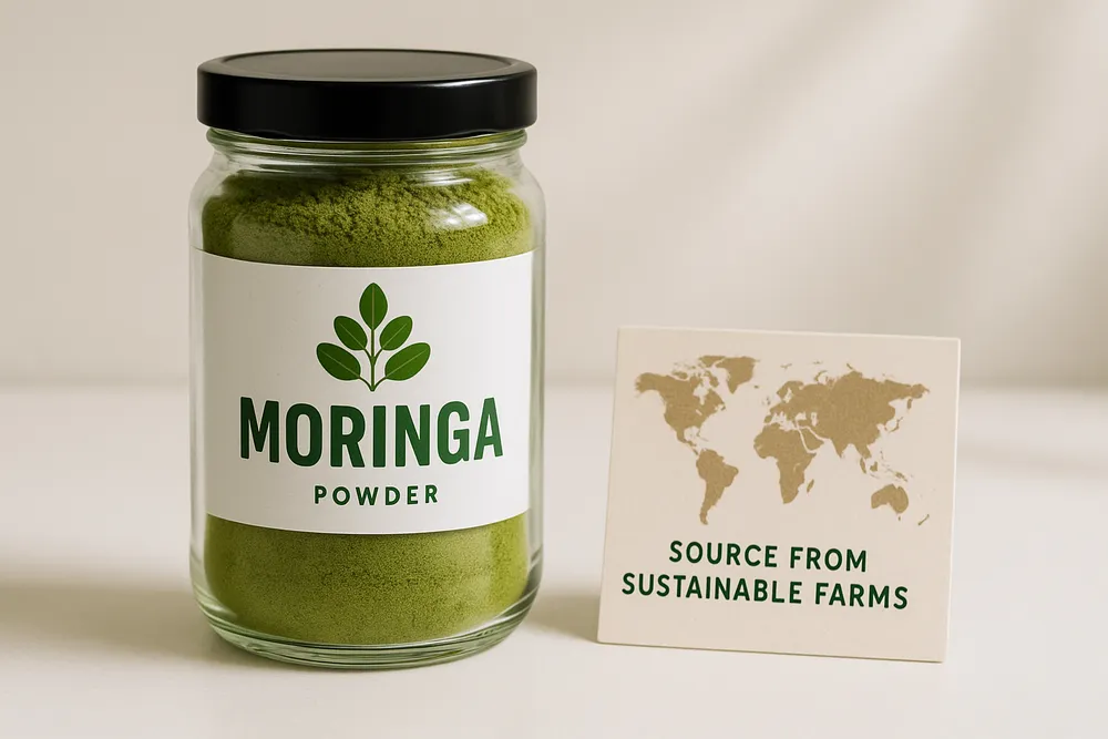 Moringa powder with a world map or origin information visible, showing sustainable sourcing