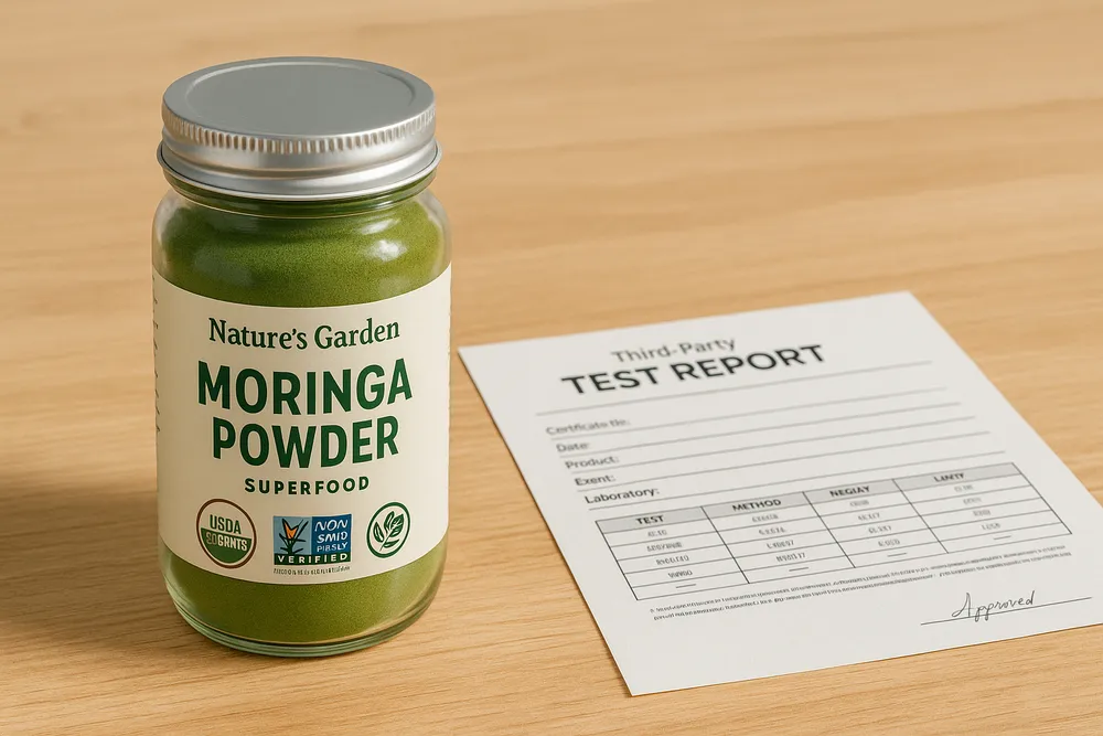 Moringa powder jar with third-party testing certificate or lab results document visible on the surface