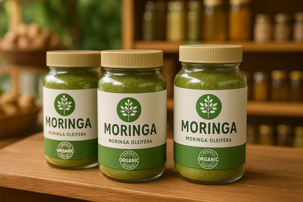 Multiple jars of Moringa powder displayed at a market or store, with different quality indicators and organic certification labels visible