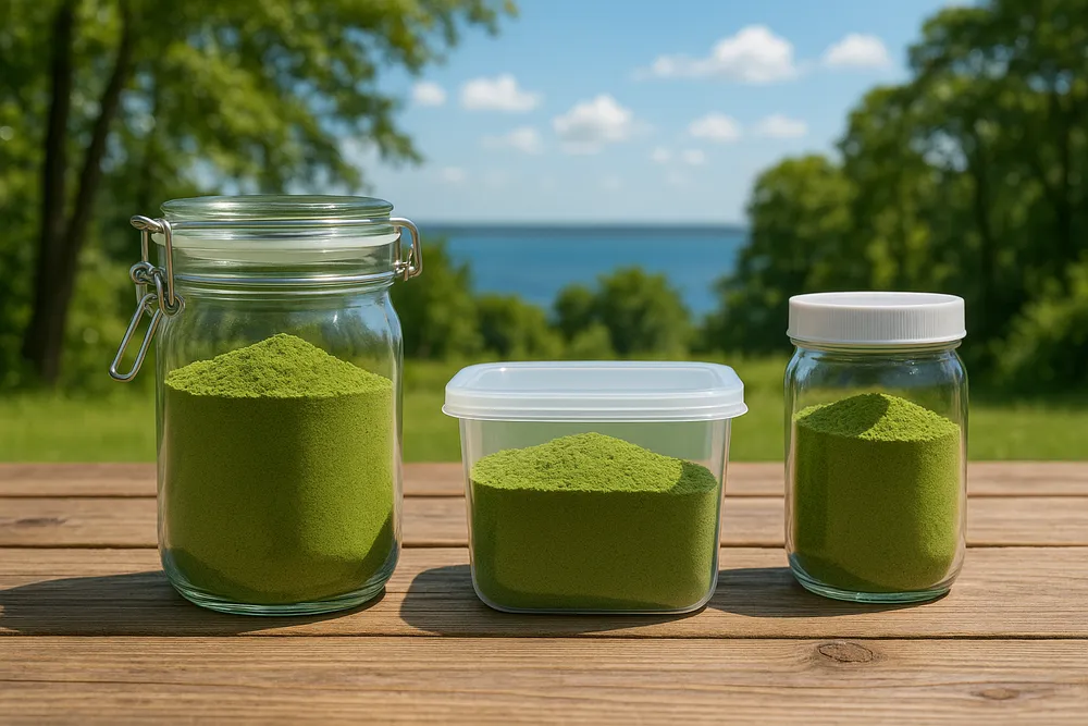 Different types of airtight containers suitable for storing Moringa powder, including glass jars and food-safe plastic containers