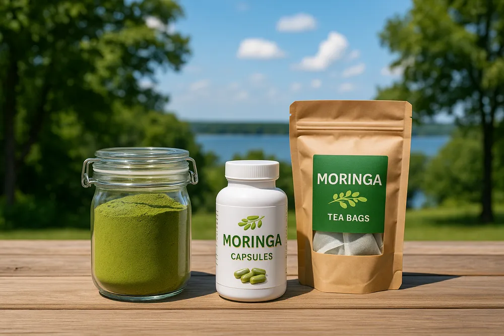 Moringa powder, capsules, and tea stored in their appropriate containers, showing different storage methods for each form