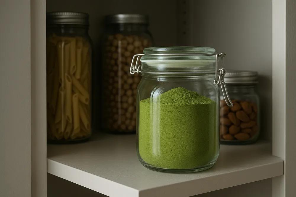 Moringa powder in an airtight container stored in a cool, dark pantry away from light and heat sources