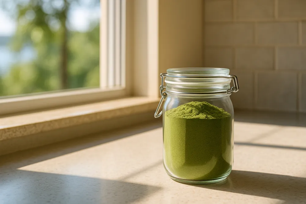 Moringa powder stored incorrectly near a window with sunlight, showing what not to do
