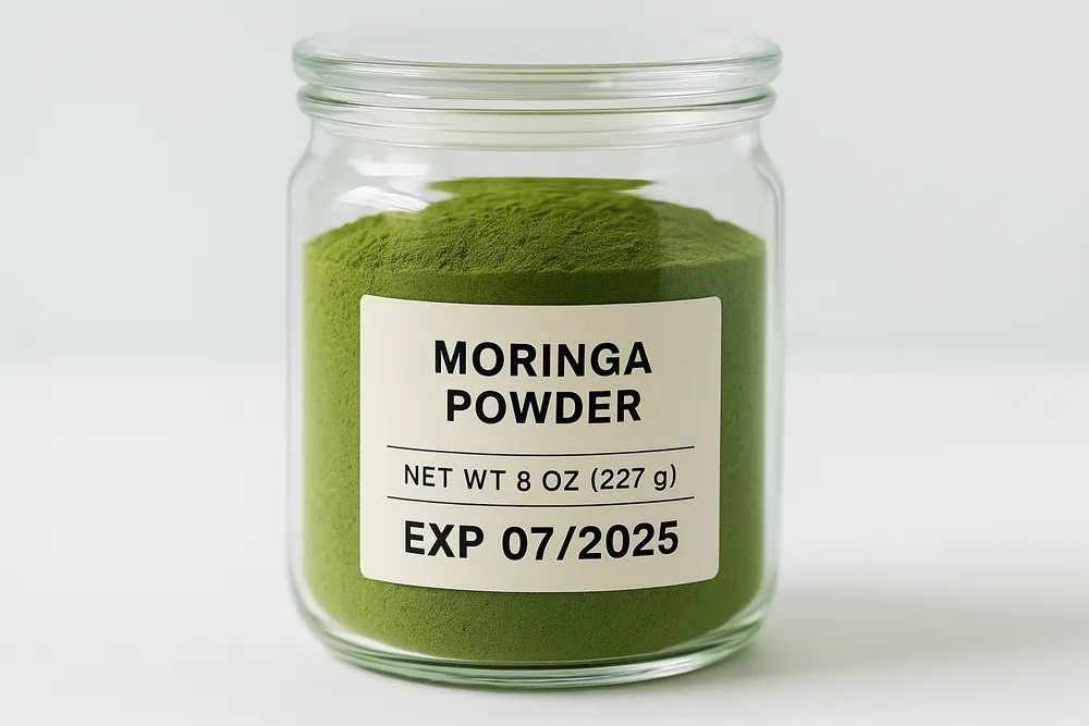 Moringa powder container with expiration date label visible, showing proper labeling and shelf life information