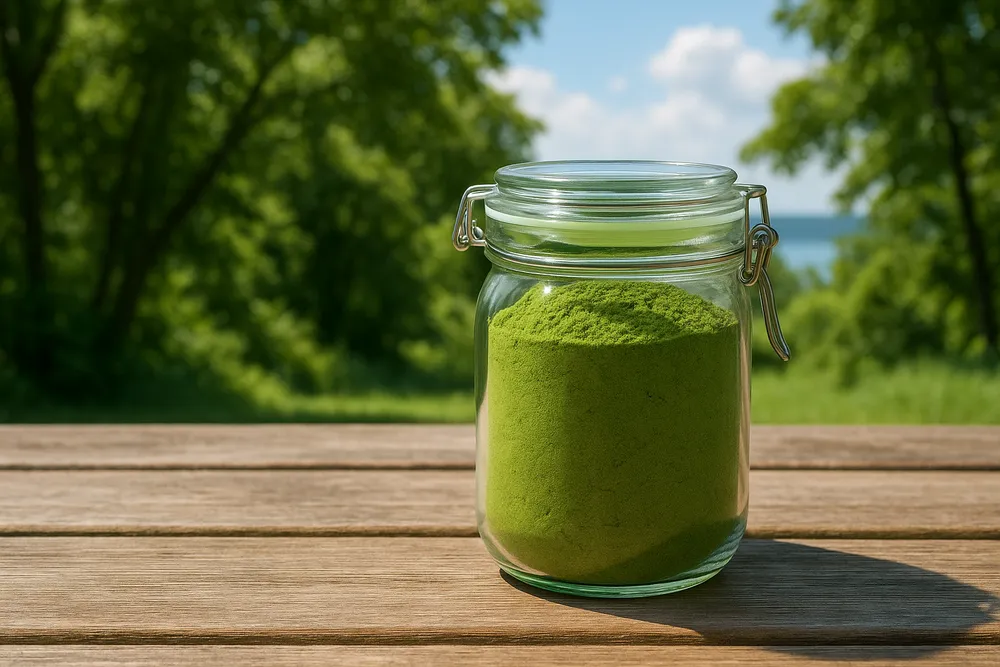 Moringa powder stored in an airtight container in a cool, dry pantry, showing proper storage methods