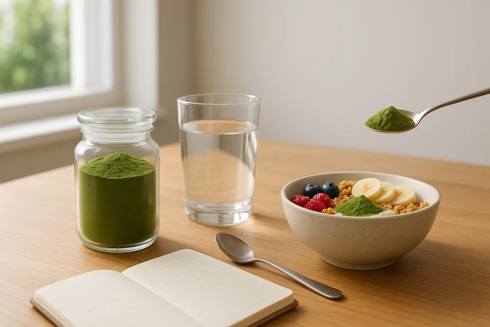 Well-organized Moringa supplement routine showing powder, water, and a daily planner on a clean desk with natural lighting