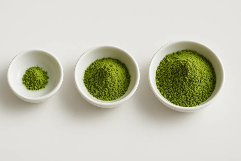 Visual guide showing different Moringa dosage amounts: quarter teaspoon, half teaspoon, and full teaspoon measured out on a white surface