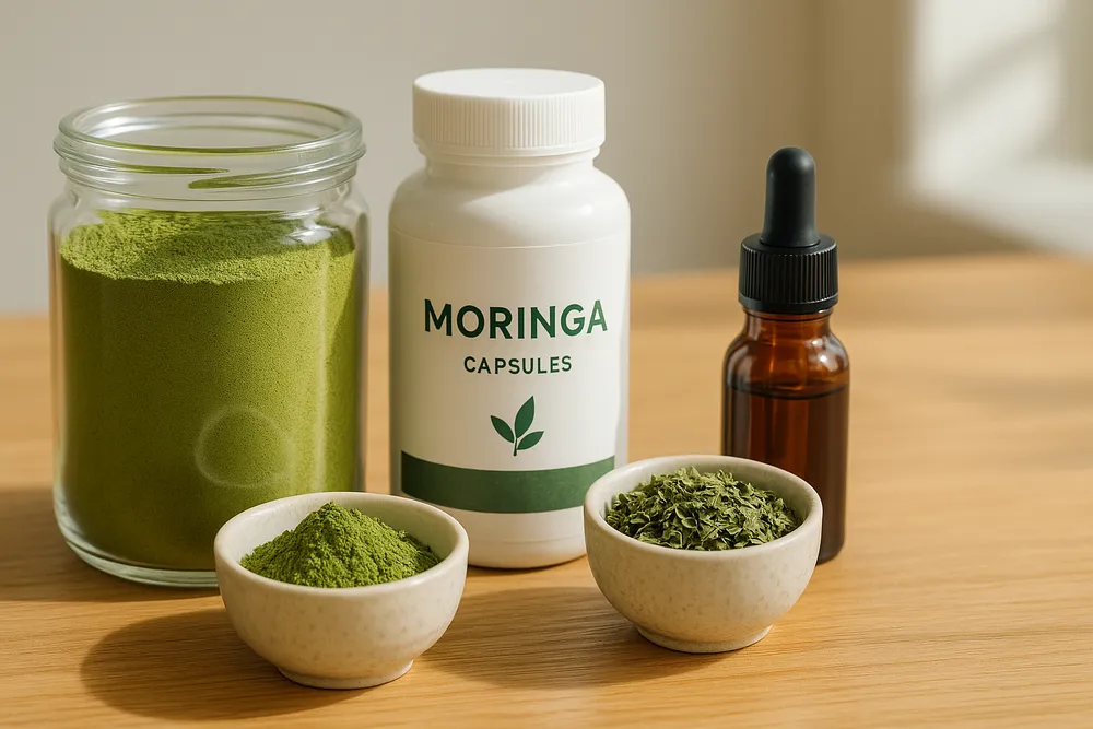 Various Moringa products displayed together: powder in a jar, capsules in a bottle, tea leaves, and tincture, arranged on a clean surface