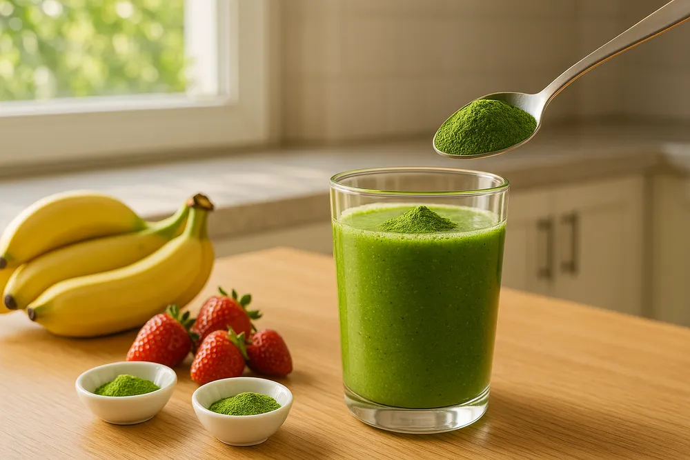 Moringa powder being added to a morning smoothie in a glass, with natural morning light on a clean kitchen counter