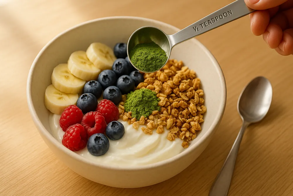 Moringa powder being added to a colorful breakfast bowl with fruits, yogurt, and granola on a wooden table