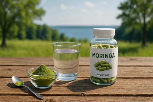 Moringa powder being measured with a teaspoon on an outdoor wooden surface, with trees and water in the background, a glass of water and Moringa capsules nearby