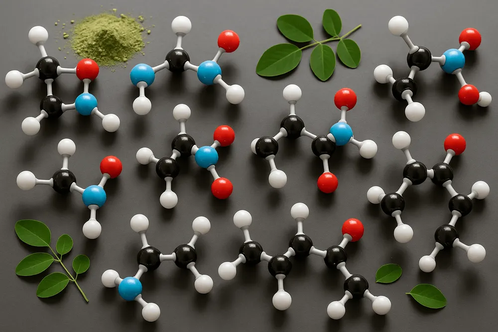 Ball-and-stick molecular models of essential amino acids arranged on a clean surface