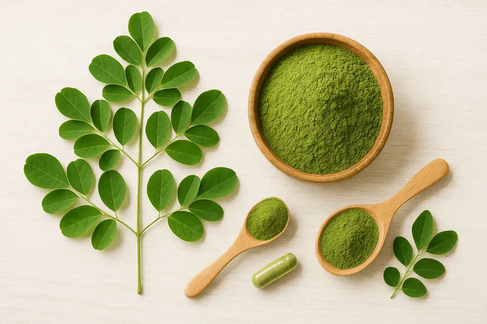 Moringa powder, fresh leaves, and capsules arranged on a table