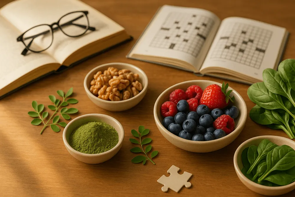 Moringa powder with items representing long-term cognitive health including books, healthy foods, and puzzle books