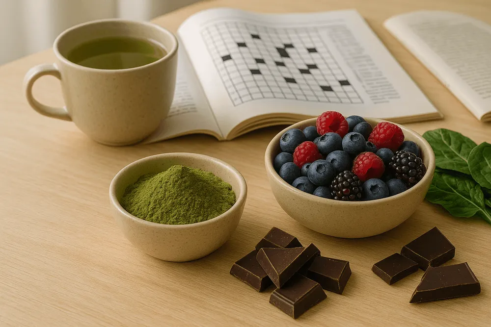 Moringa powder with antioxidant-rich foods and brain-healthy activities like puzzle books arranged naturally
