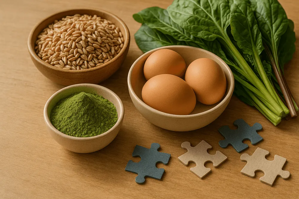Moringa powder with B-vitamin rich foods and a puzzle or brain game arranged together