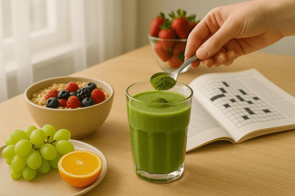 Moringa powder being added to a morning smoothie or tea with breakfast bowl, crossword puzzle book open, and fresh fruits