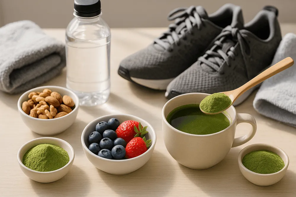 Moringa powder with items representing exercise and brain health including water bottle, workout gear, and healthy snacks