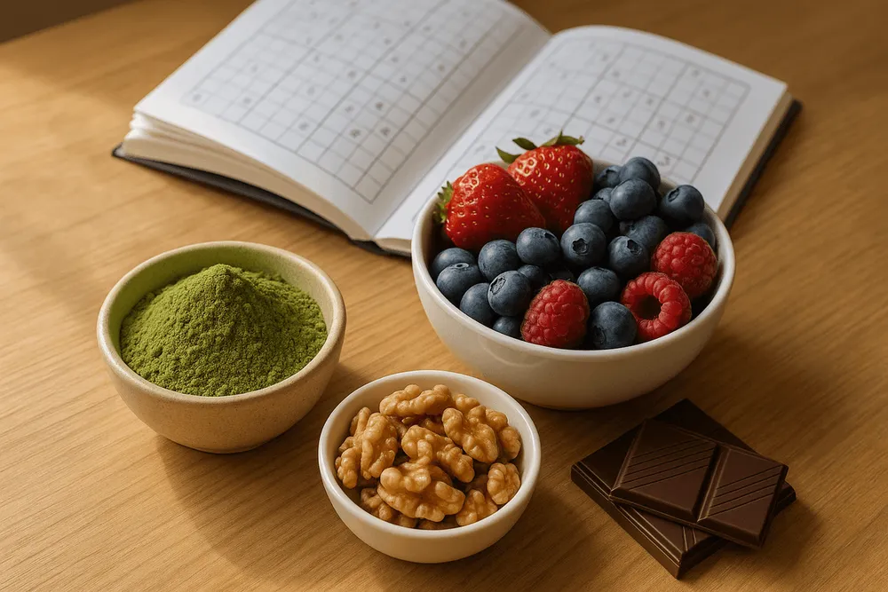 Moringa powder next to brain-boosting foods with a crossword puzzle or sudoku book open in the background