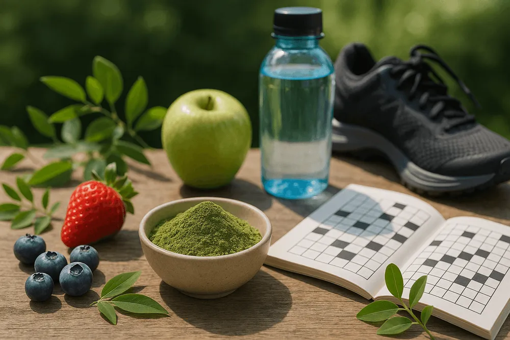 Moringa powder with items representing nature-based brain health including fresh fruits, walking shoes, natural elements, and puzzle books