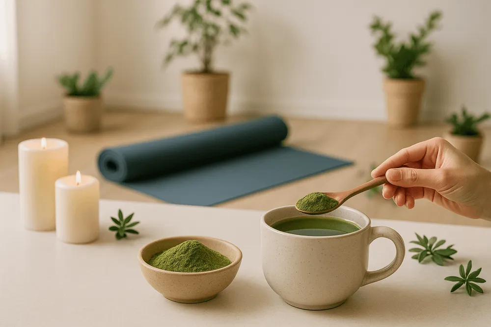 Moringa powder with items representing stress-relief and mental wellness including yoga mat, tea with Moringa, meditation items, and nature elements