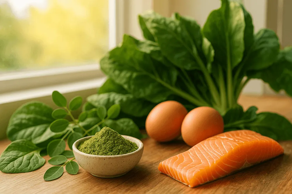 Moringa powder paired with vitamin D sources: salmon or eggs alongside leafy greens