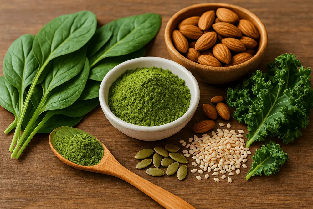 Calcium-rich foods for bone health: Moringa powder, dark leafy greens, almonds, and seeds
