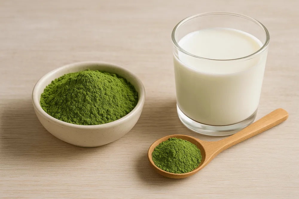 Moringa powder and a glass of milk side by side, comparing calcium content