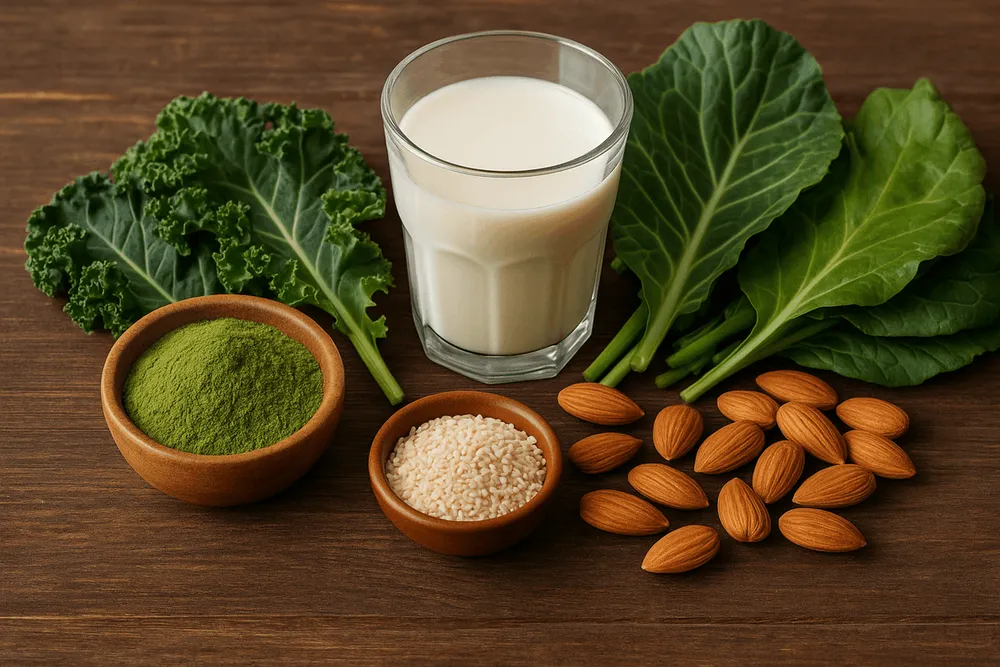 Various plant-based calcium sources: Moringa powder, fortified plant milk, dark leafy greens like kale, almonds, and sesame seeds