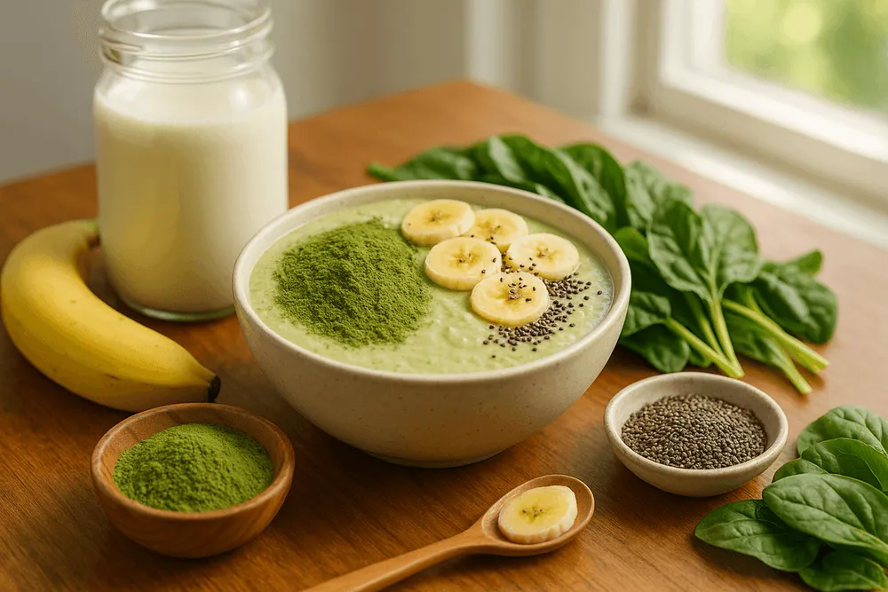 Healthy smoothie bowl or overnight oats with Moringa powder, almond milk, banana, chia seeds, and dark leafy greens