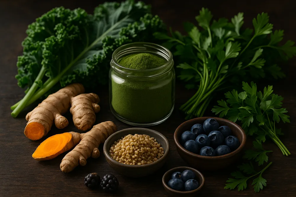 Moringa powder with anti-inflammatory foods like turmeric, ginger, and leafy greens