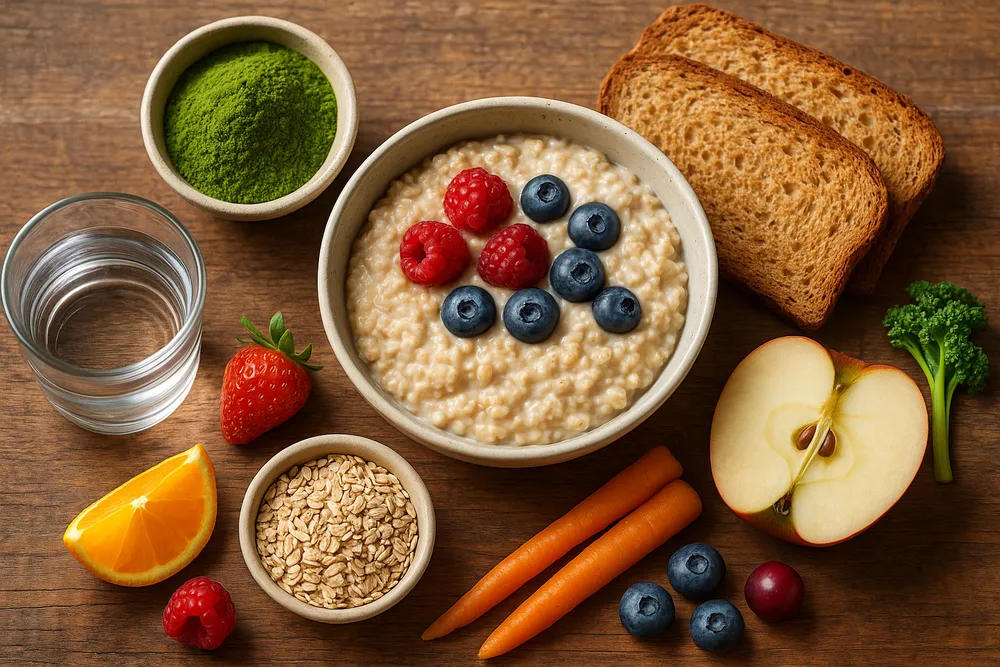 Moringa powder with fiber-rich foods and digestive health elements