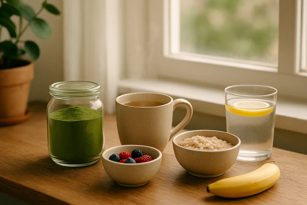 Moringa powder being added to a gentle, soothing beverage or food
