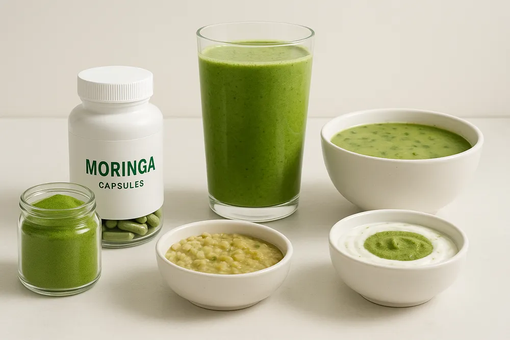 Different ways to incorporate Moringa for digestive health, showing powder, capsules, and food combinations