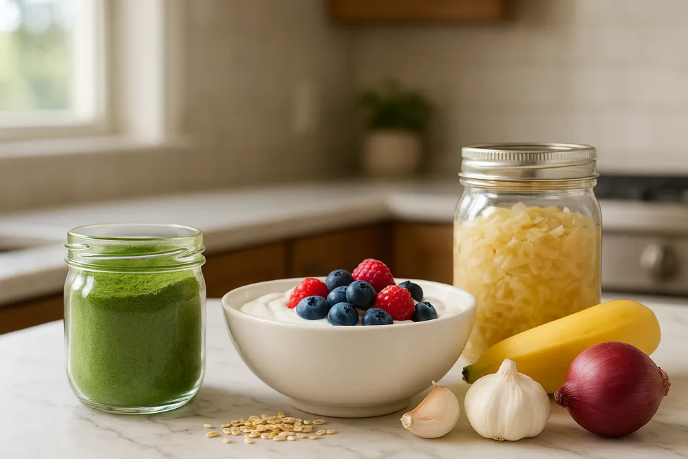 Moringa powder with probiotic and prebiotic foods, representing gut microbiome support