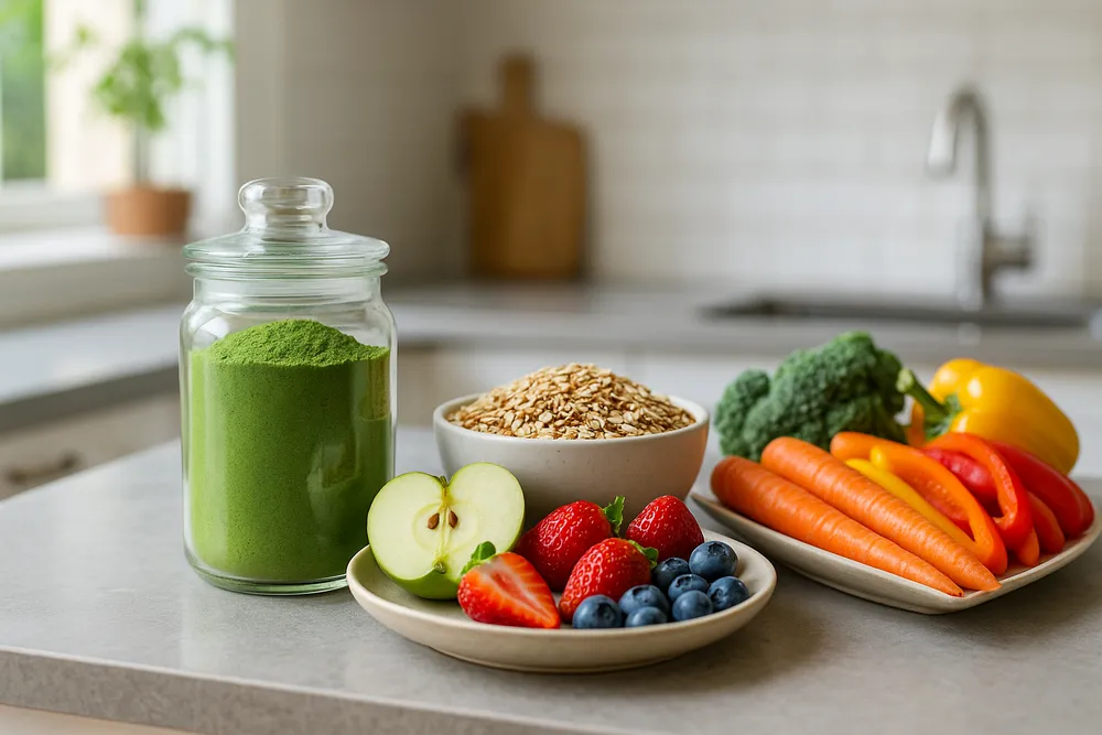 Healthy digestive system representation with Moringa powder and fiber-rich foods