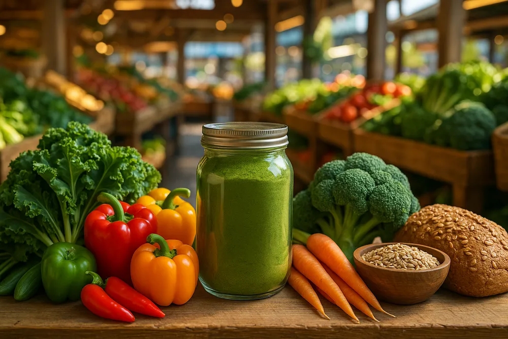 Moringa powder and fresh vegetables on a wooden surface, representing digestive health and gut wellness