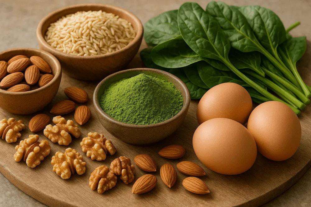 Moringa powder with whole foods rich in B-vitamins including whole grains, eggs, nuts, and dark leafy greens