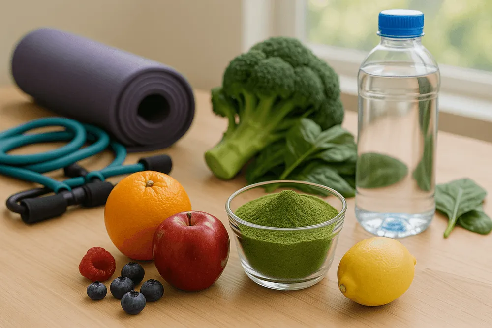 Moringa powder alongside fresh fruits, vegetables, water bottle, and exercise items representing a balanced lifestyle