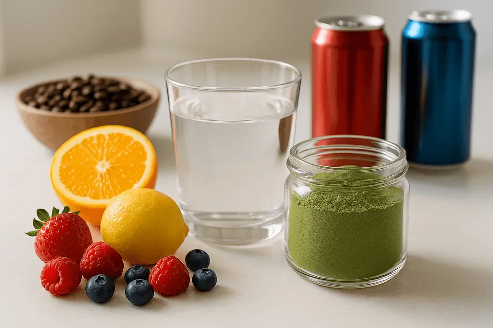 Moringa powder in a glass container next to water and fresh fruit, with coffee and energy drinks blurred in background