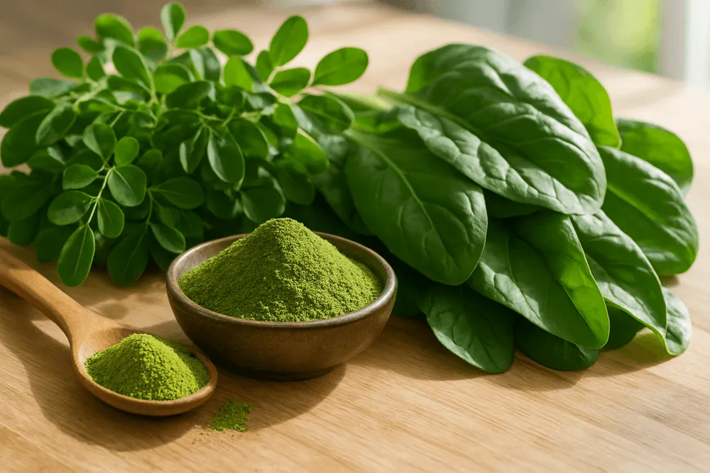 Moringa powder next to fresh leafy greens and spinach arranged on a wooden surface in natural light