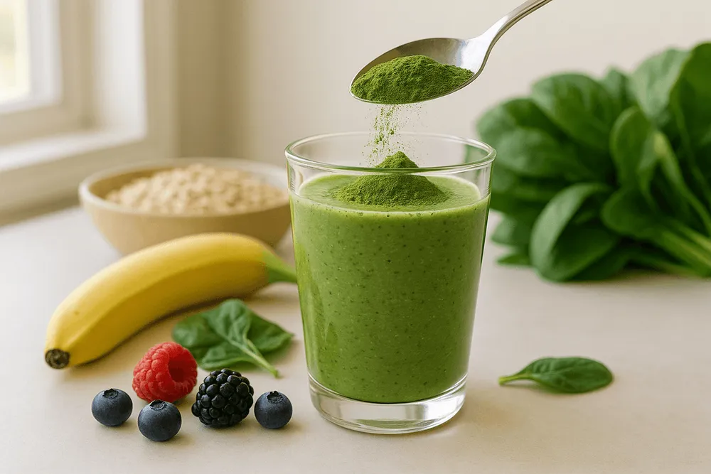 Moringa powder being added to a morning smoothie with fresh fruits, spinach, and oatmeal visible