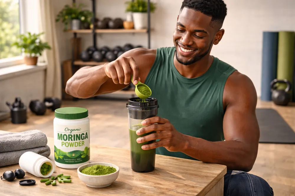 An athlete in a modern gym or home workout space preparing or consuming a Moringa supplement with workout equipment visible