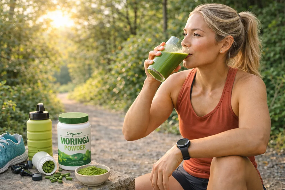 A runner, cyclist, or outdoor athlete in a natural outdoor environment taking a break with Moringa products visible