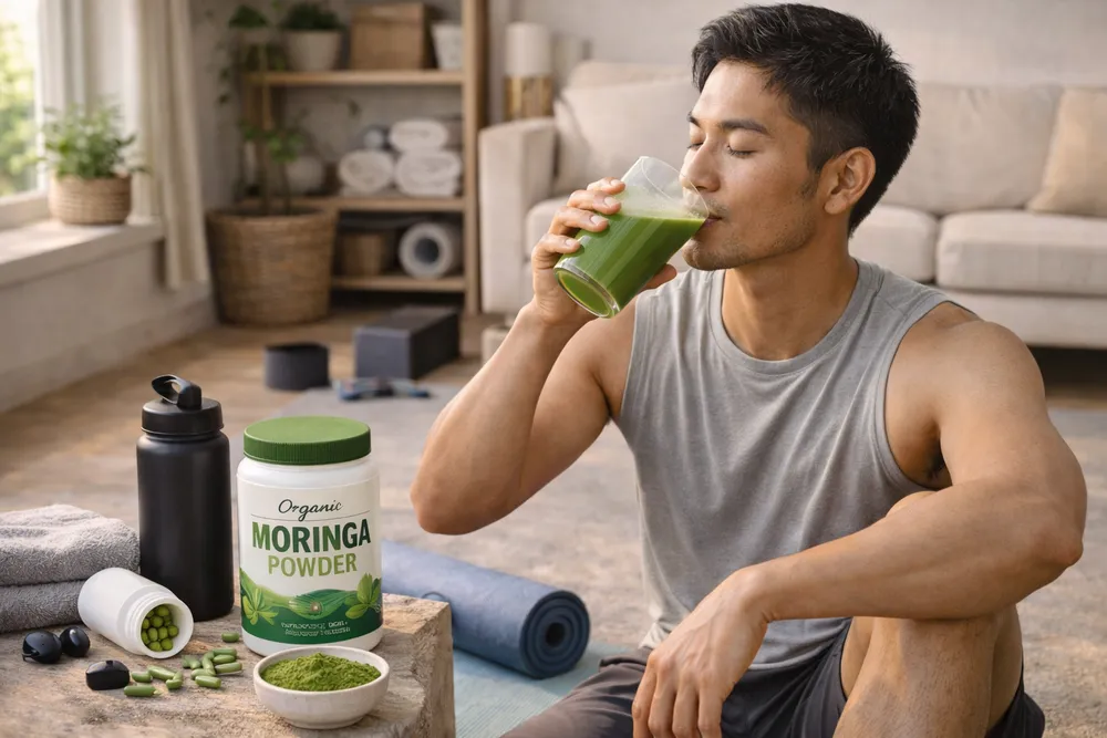 An athlete in a comfortable indoor recovery space focusing on recovery with Moringa products visible
