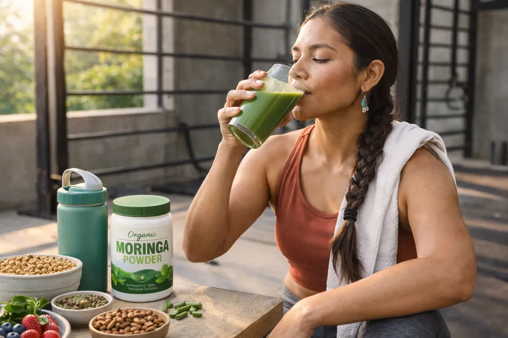 An athletic person in an outdoor or gym setting, stretching or hydrating with a green Moringa smoothie, with workout gear visible